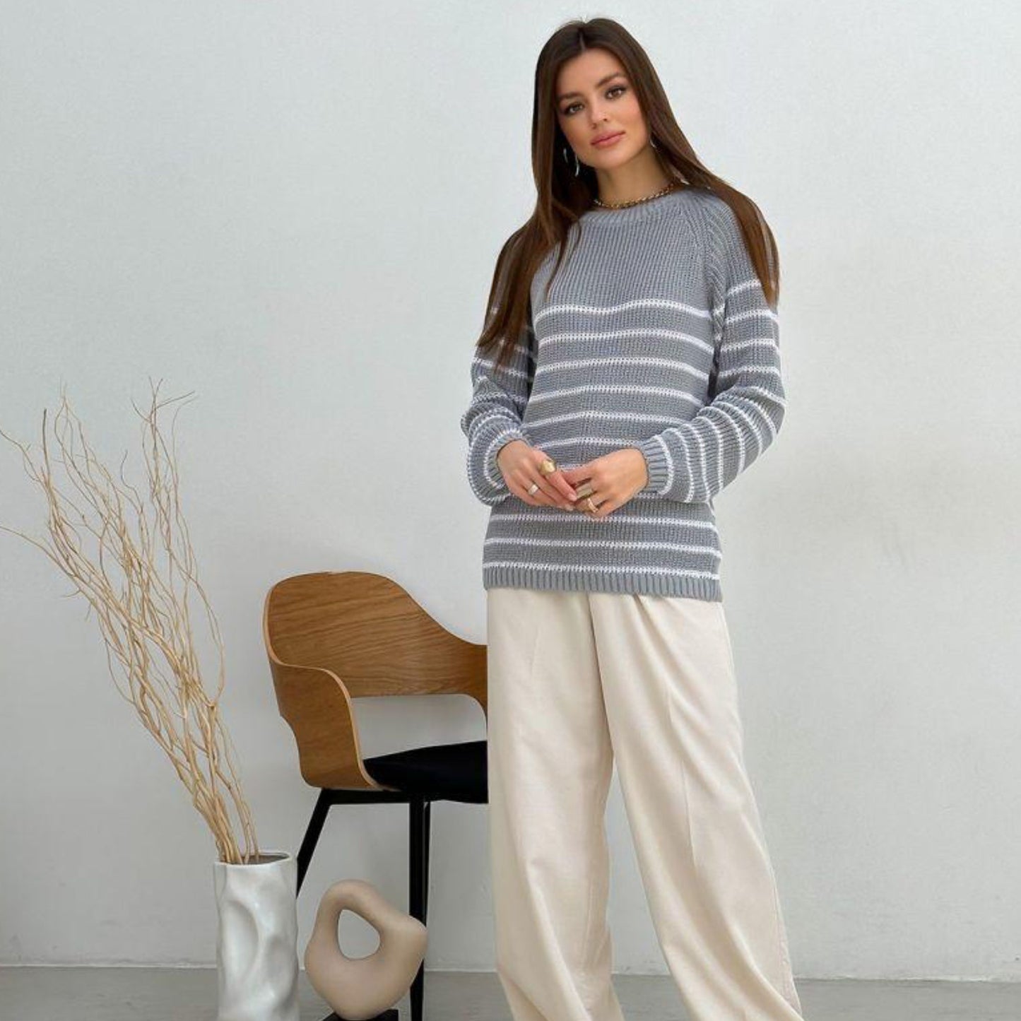 Grey Striped Knitted Sweater