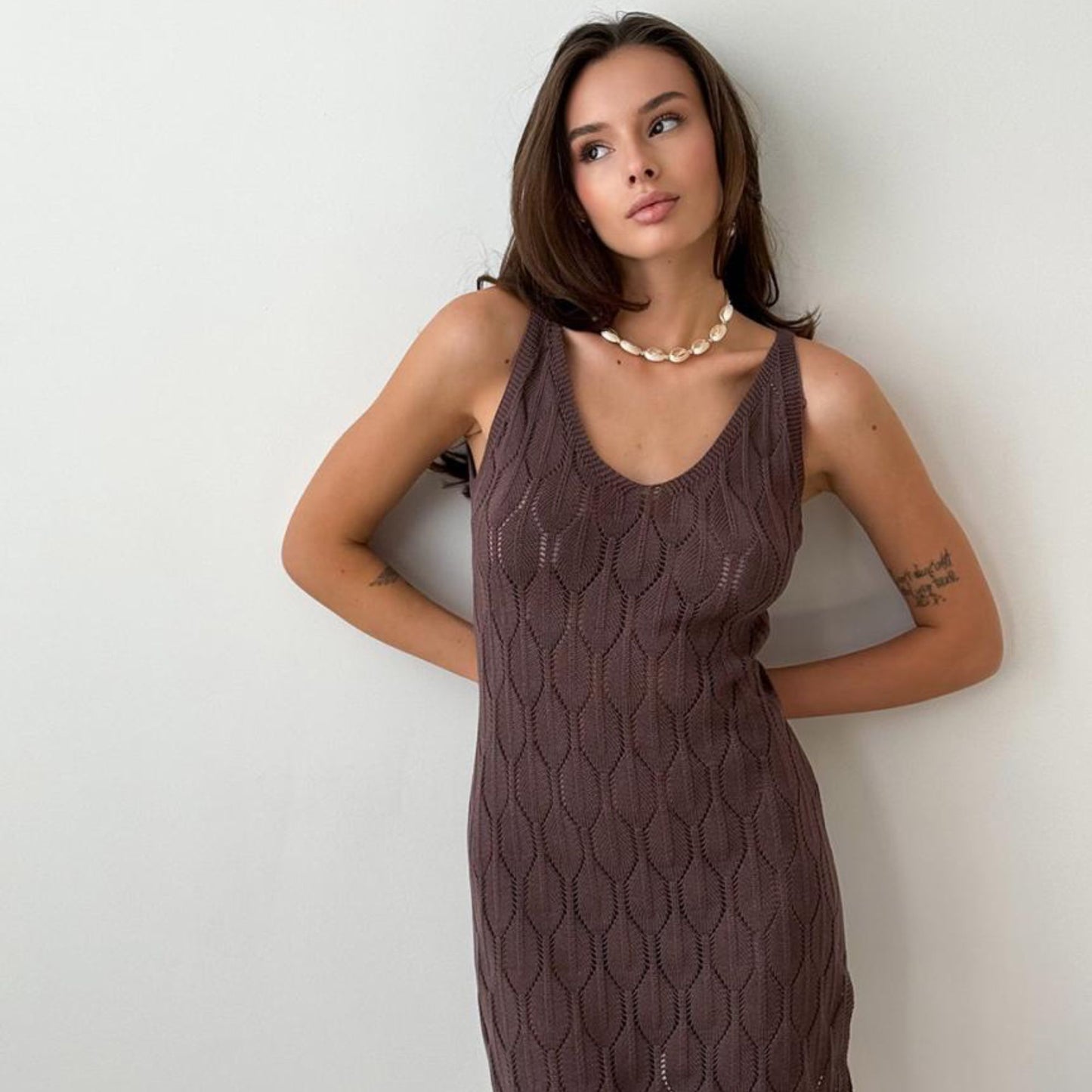 Brown Crochet Lace Short Dress