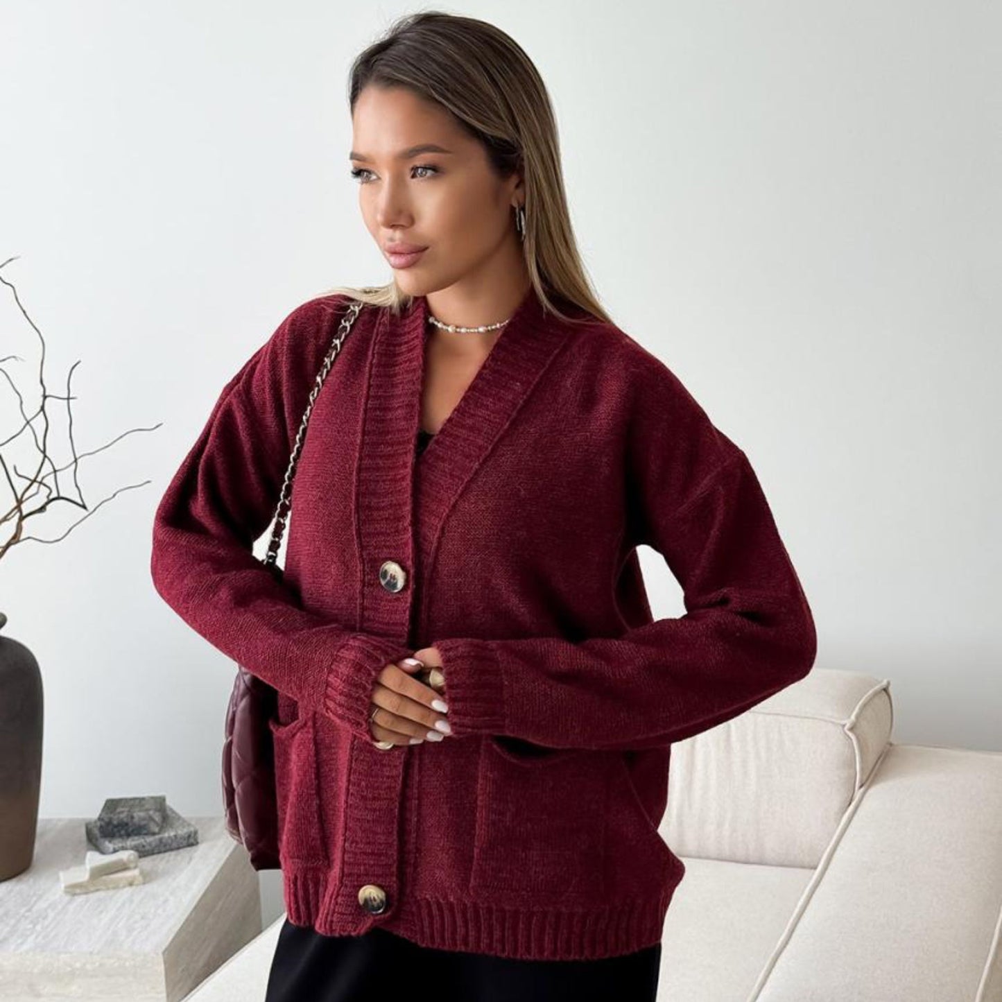 Burgundy Knitted Cardigan – Casual Wool
