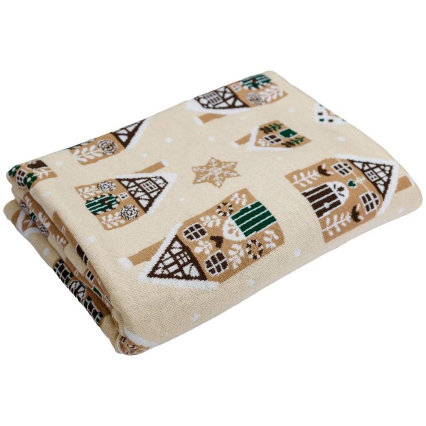 Beige Knitted Christmas Throw Blanket – Gingerbread Houses