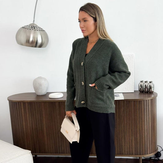 Dark Green Knitted Cardigan – Casual Wool