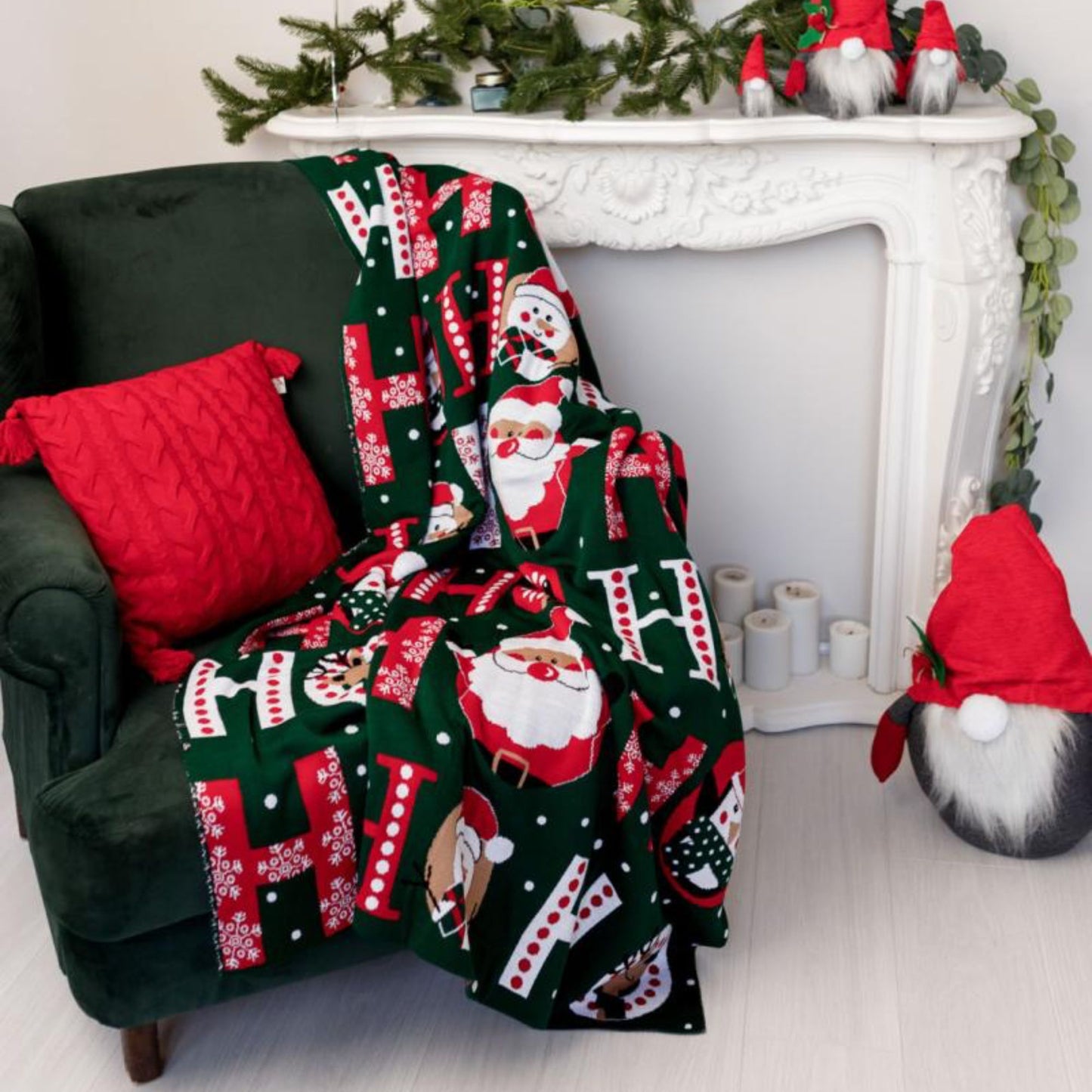 Green Knitted Christmas Throw Blanket – Ho-Ho-Ho