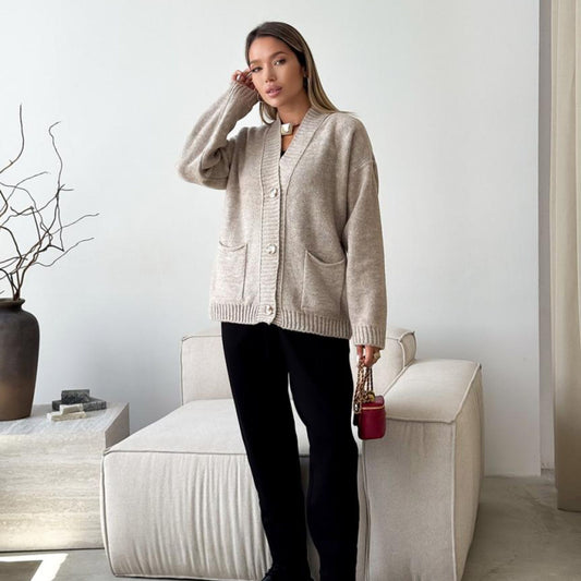 Beige Knitted Cardigan – Casual Wool