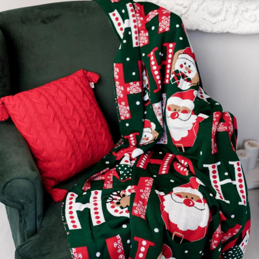 Green Knitted Christmas Throw Blanket – Ho-Ho-Ho