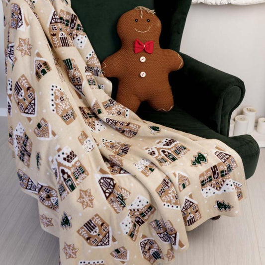 Beige Knitted Christmas Throw Blanket – Gingerbread Houses