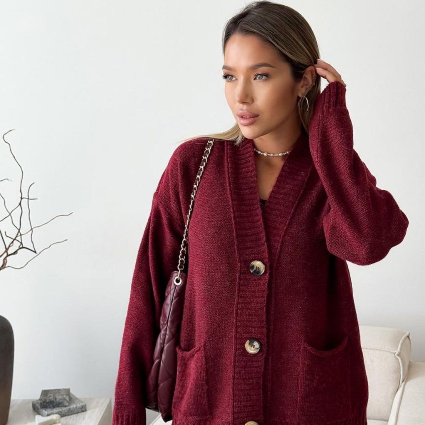 Burgundy Knitted Cardigan – Casual Wool