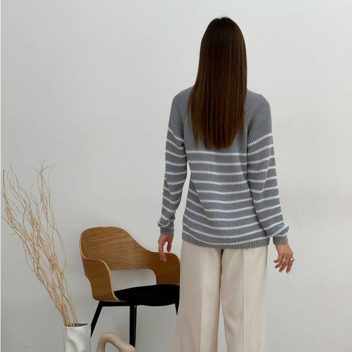 Grey Striped Knitted Sweater