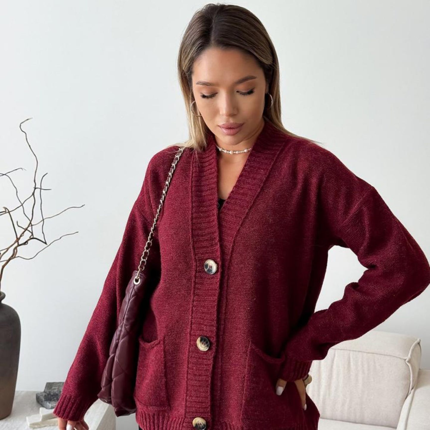 Burgundy Knitted Cardigan – Casual Wool