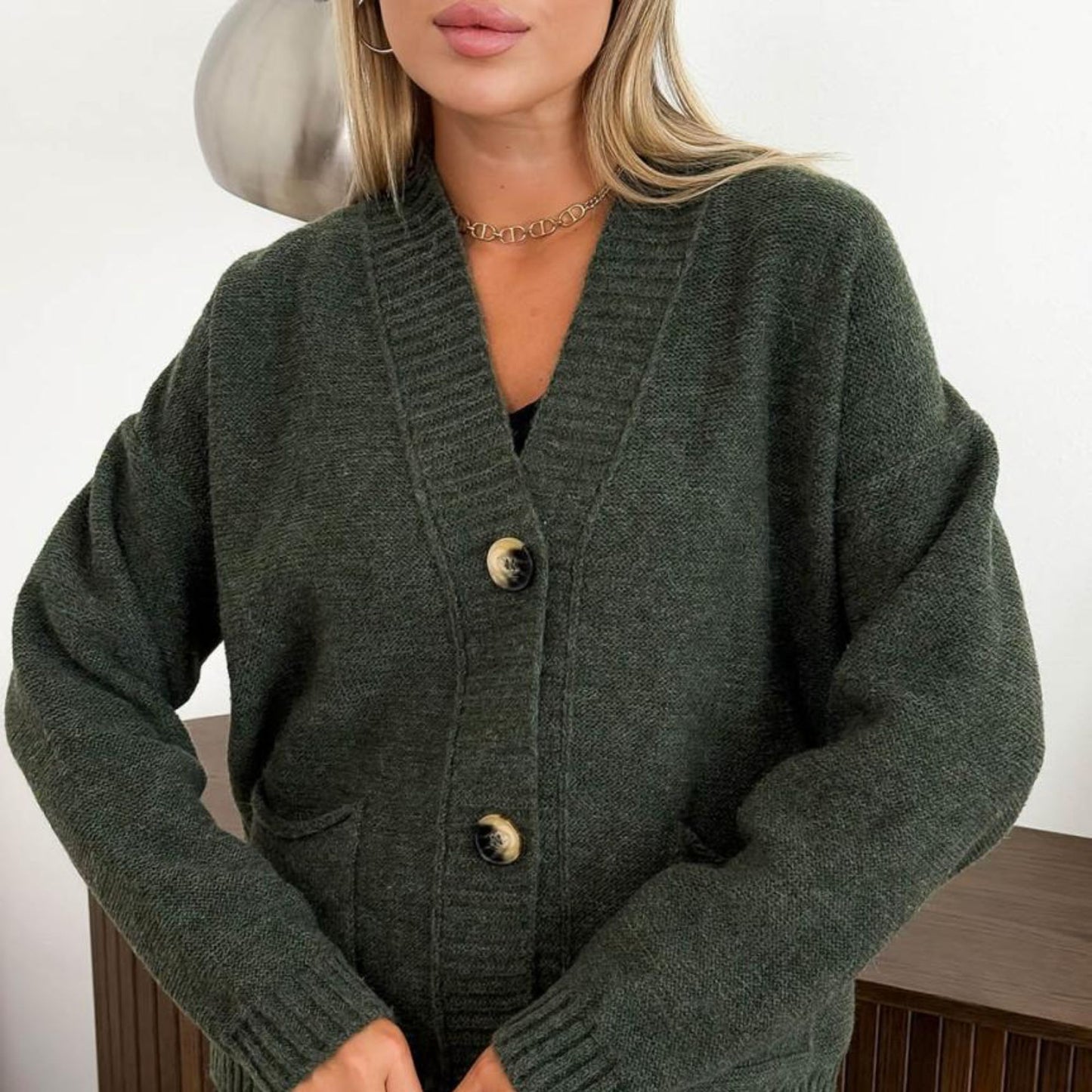 Dark Green Knitted Cardigan – Casual Wool