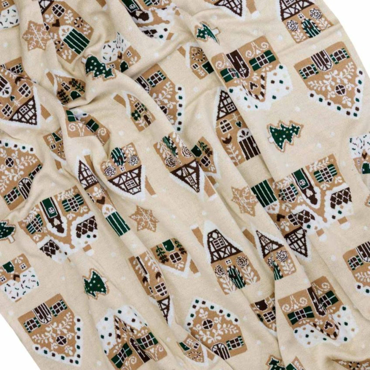 Beige Knitted Christmas Throw Blanket – Gingerbread Houses