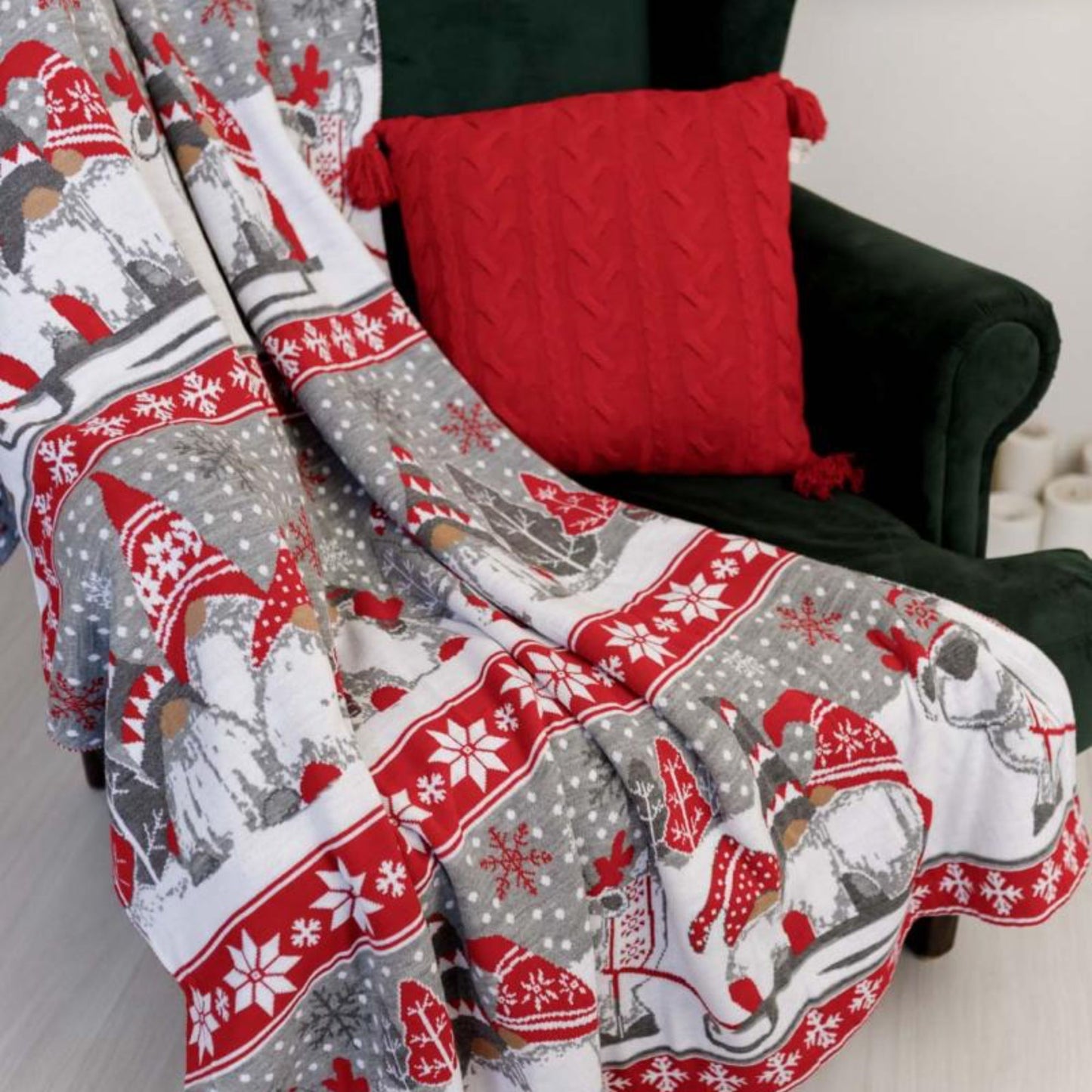 Knitted Christmas Throw Blanket: Cheerful Gnomes Holiday Decor