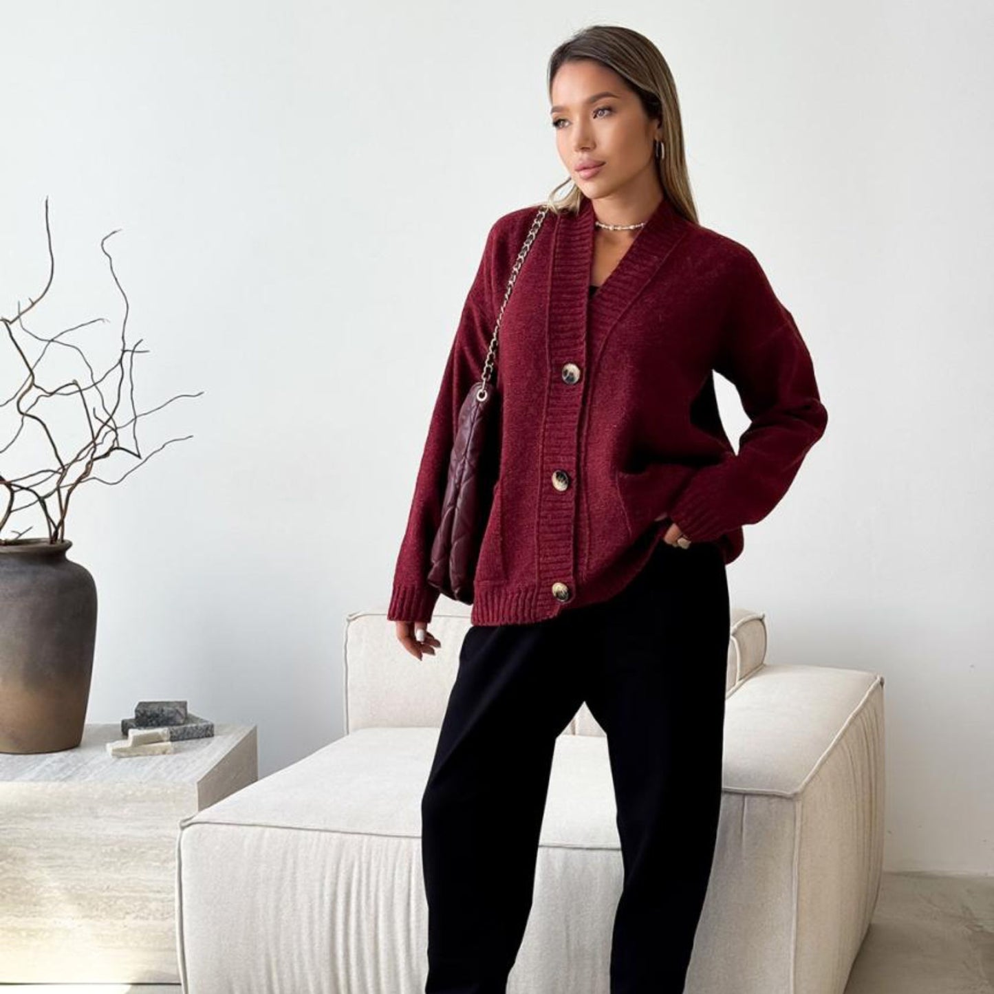Burgundy Knitted Cardigan – Casual Wool