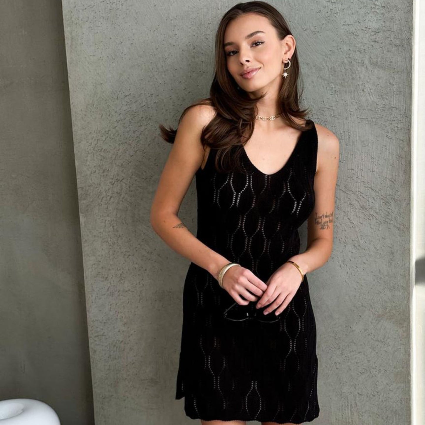 Black Crochet Lace Short Dress