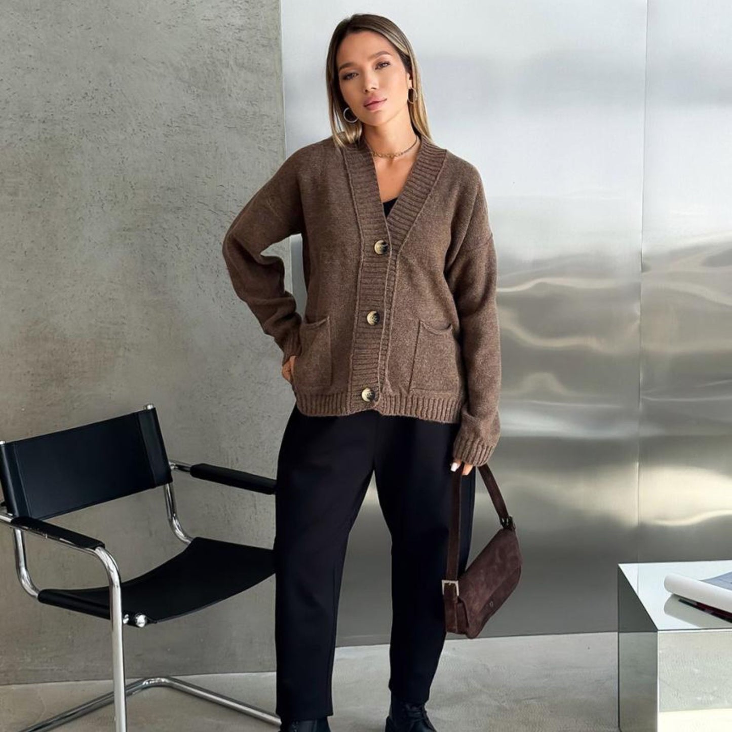 Brown Knitted Cardigan – Casual Wool