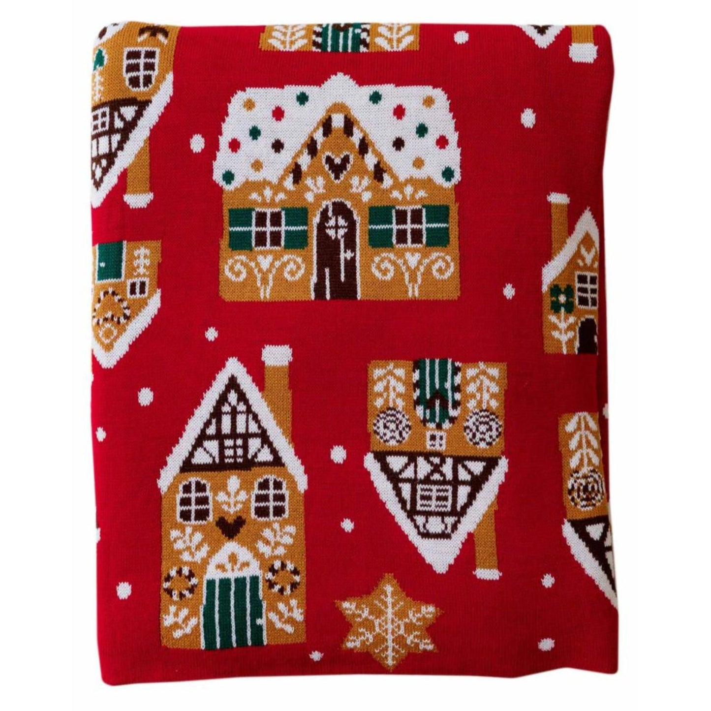 Red Knitted Christmas Throw Blanket - Gingerbread Houses