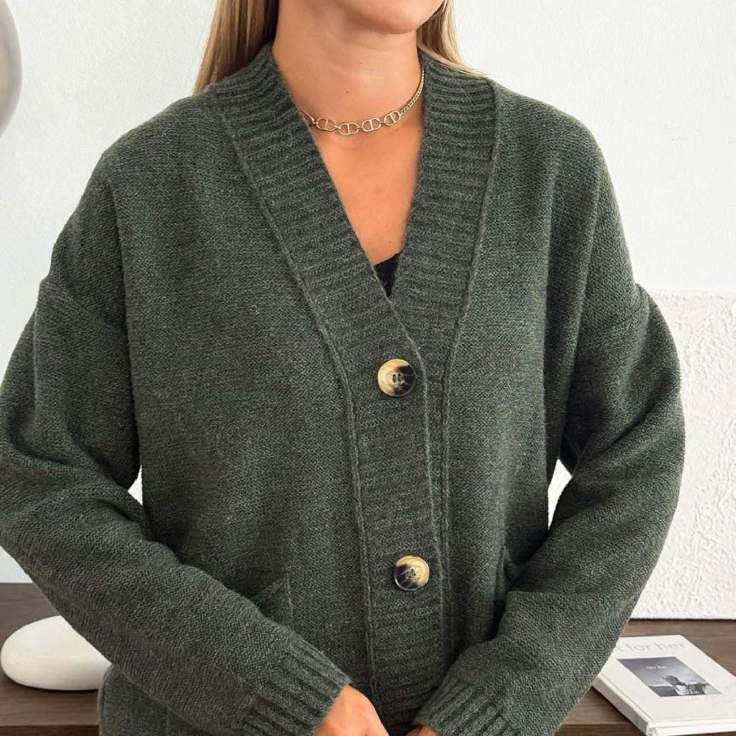 Dark Green Knitted Cardigan – Casual Wool