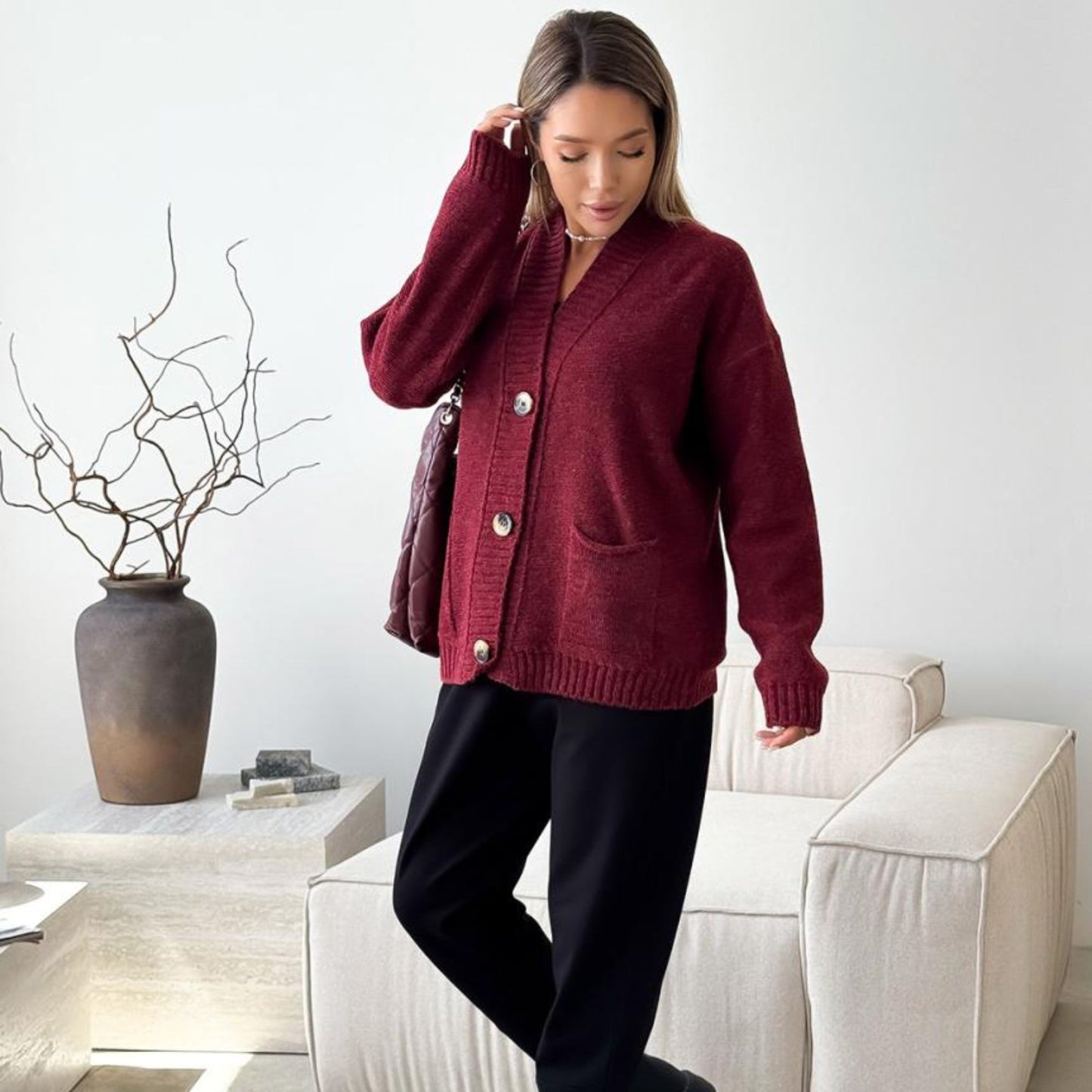 Burgundy Knitted Cardigan – Casual Wool