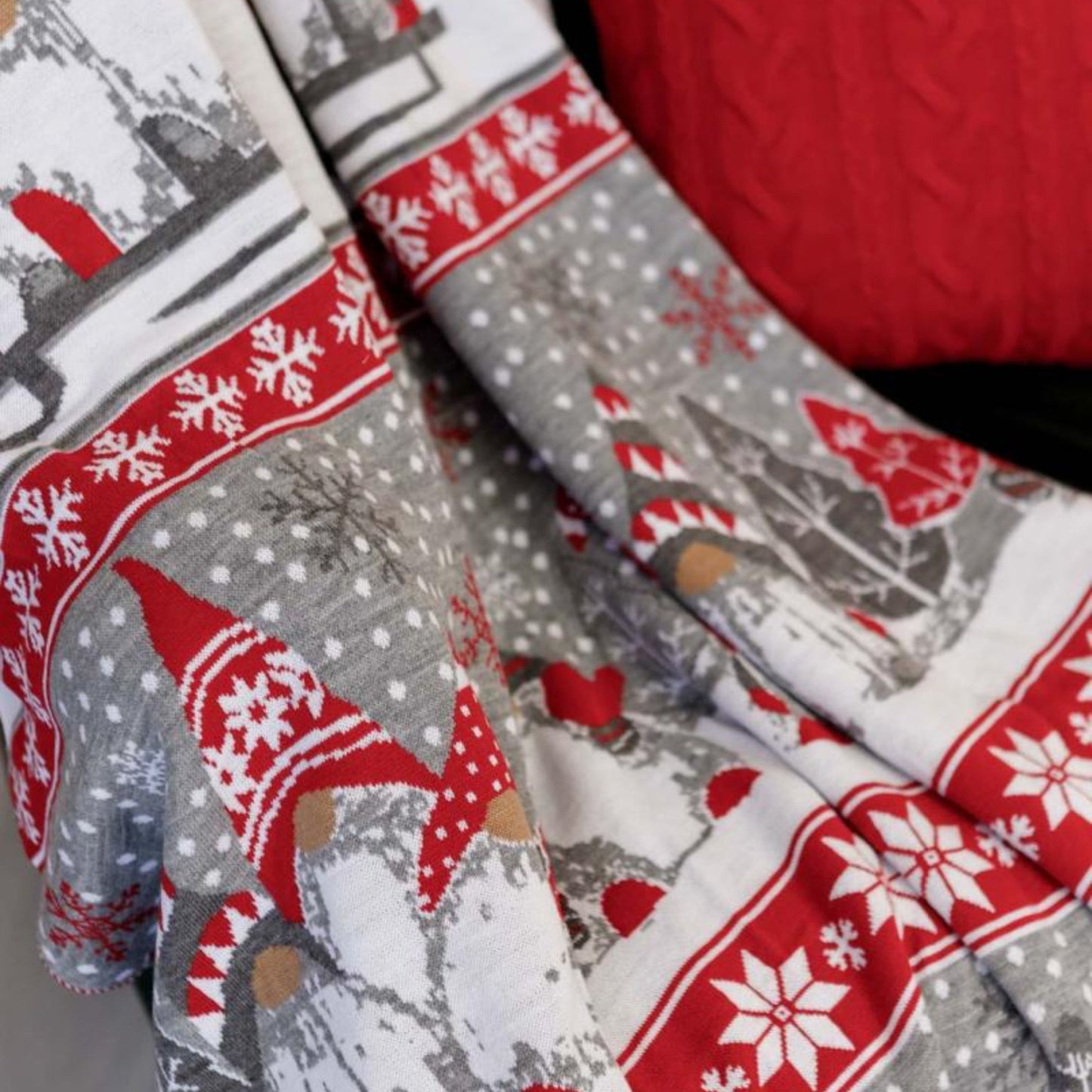 Knitted Christmas Throw Blanket: Cheerful Gnomes Holiday Decor
