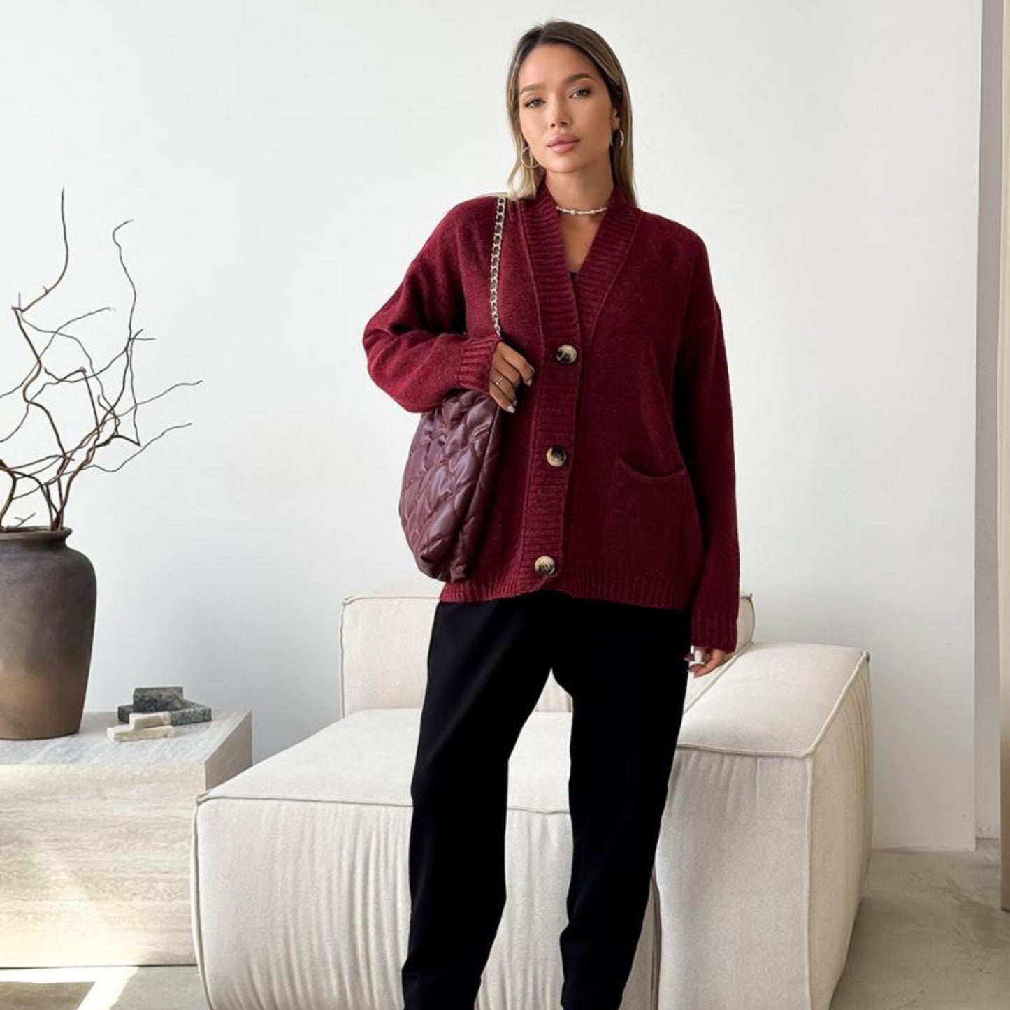 Burgundy Knitted Cardigan – Casual Wool
