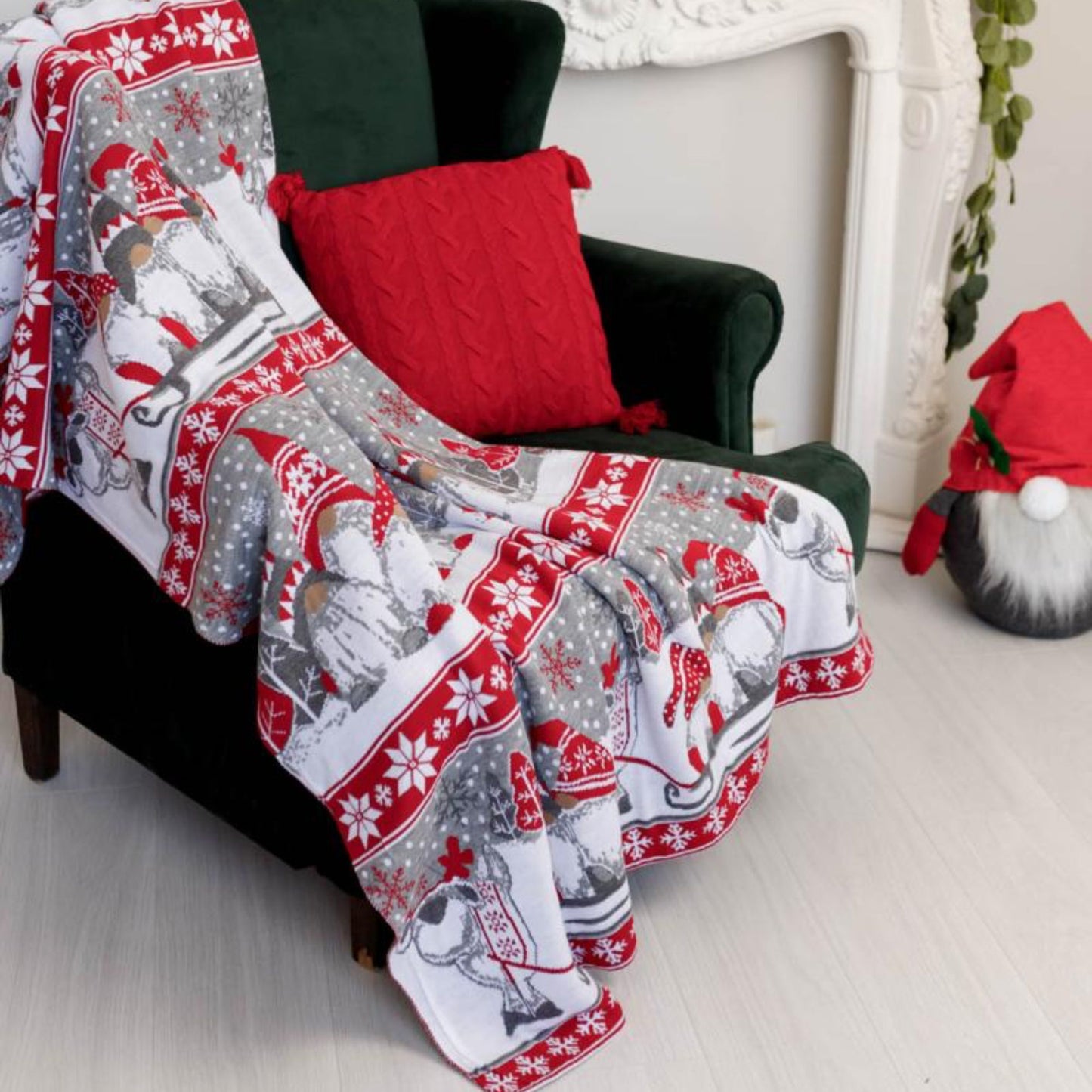 Knitted Christmas Throw Blanket: Cheerful Gnomes Holiday Decor
