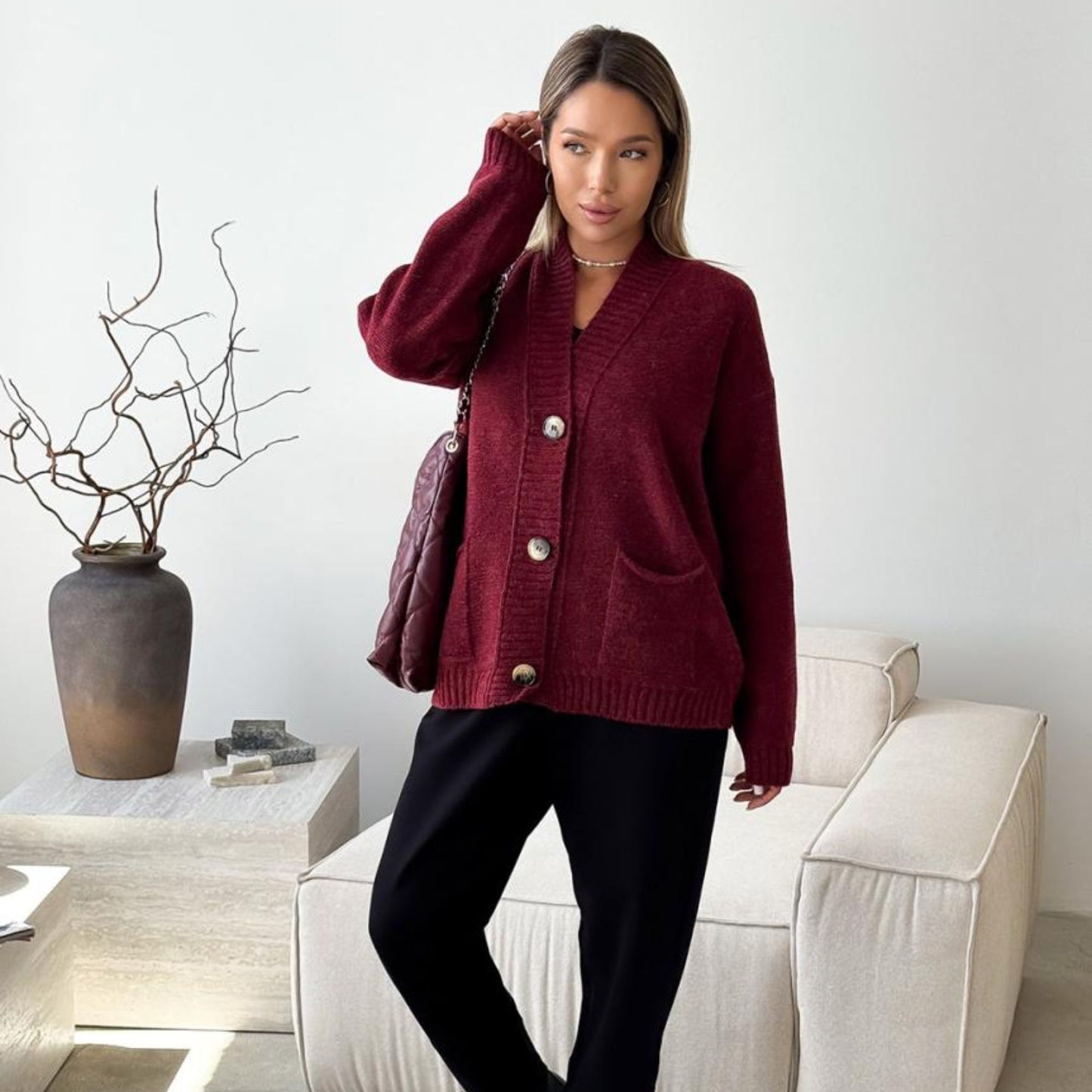 Burgundy Knitted Cardigan – Casual Wool