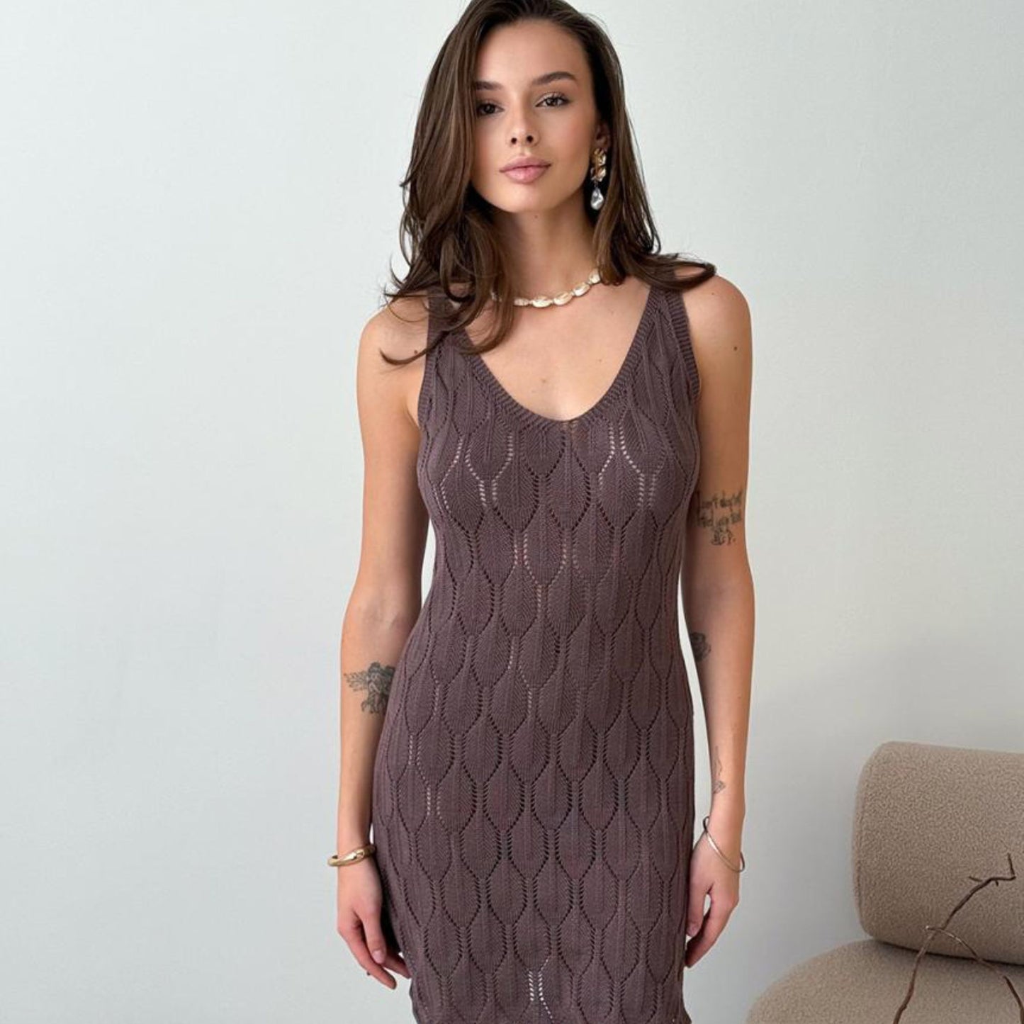 Brown Crochet Lace Short Dress