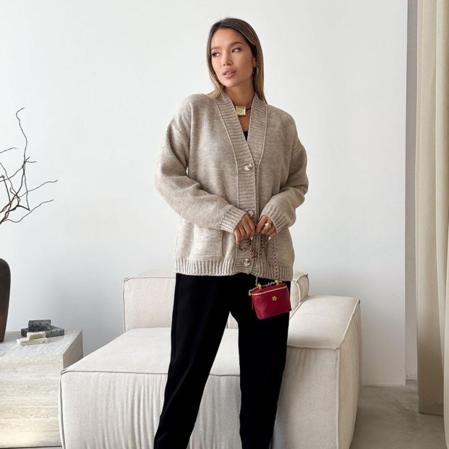 Beige Knitted Cardigan – Casual Wool