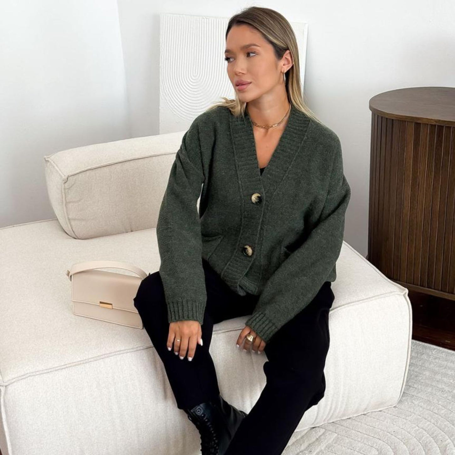 Dark Green Knitted Cardigan – Casual Wool